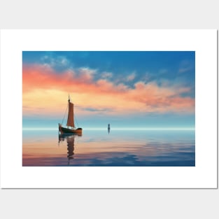 Tranquil Water Boat Serene Landscape Posters and Art